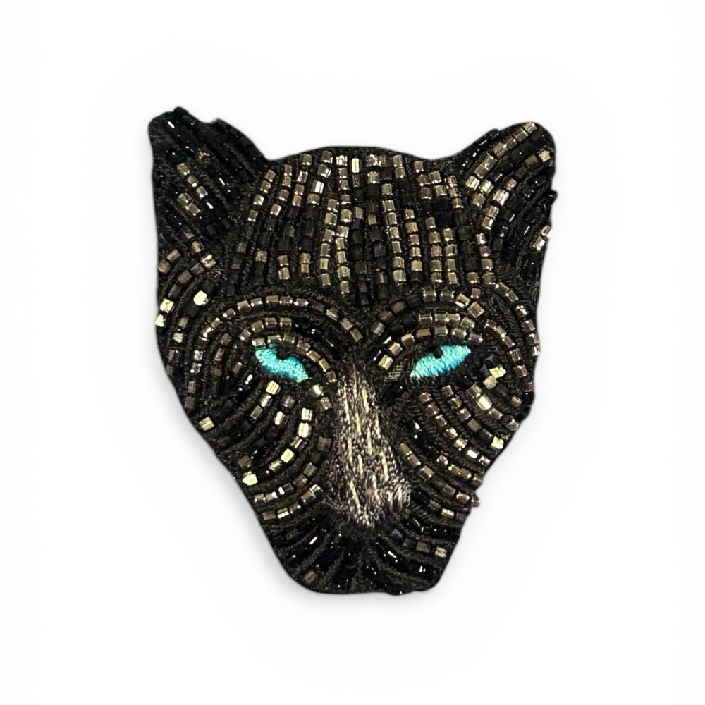 Mignonne Gavigan Black Beaded Panther Brooch with Turquoise Eyes